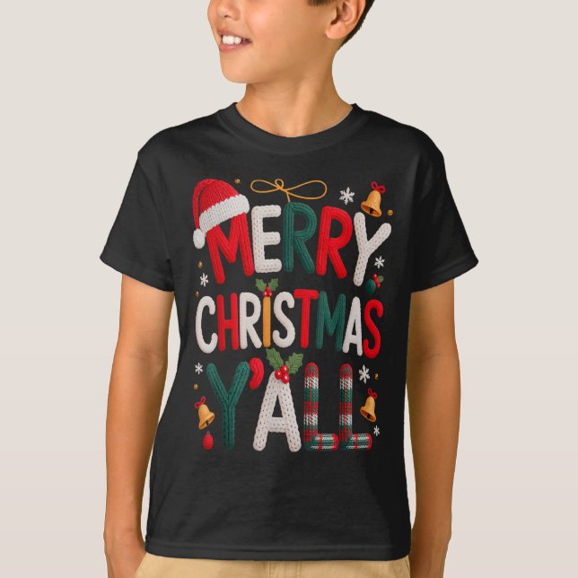 Camiseta Merry Christmas Y'all Santa Hat Crochet Knitting Q (Anverso)
