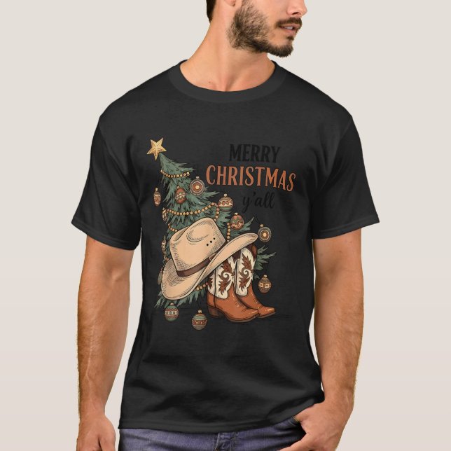 Camiseta Merry Christmas Y'all Western Cowboy Boots Hat Xma (Anverso)