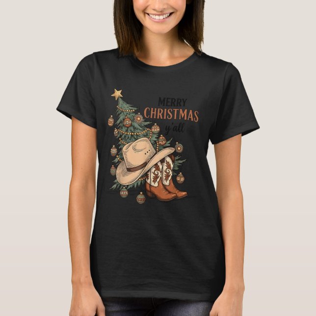 Camiseta Merry Christmas Y'all Western Cowboy Boots Hat Xma (Anverso)