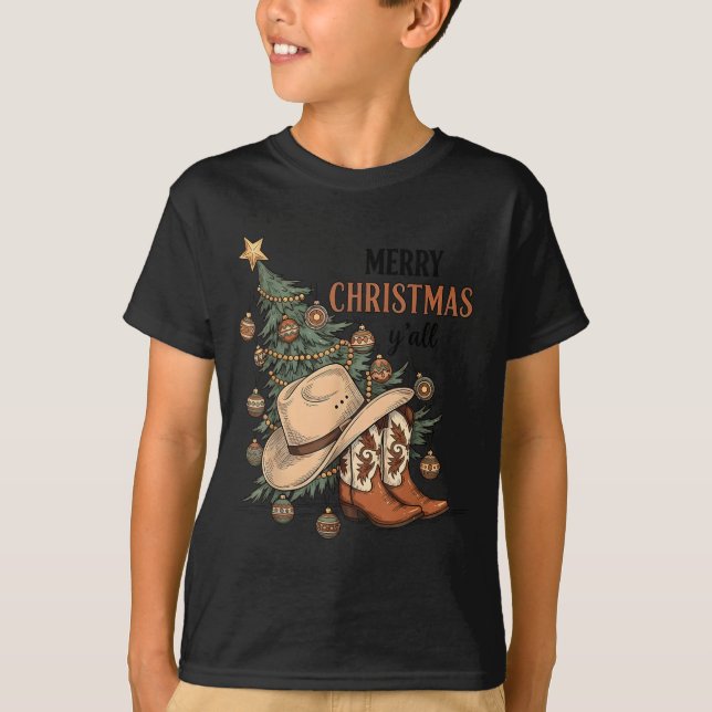Camiseta Merry Christmas Y'all Western Cowboy Boots Hat Xma (Anverso)