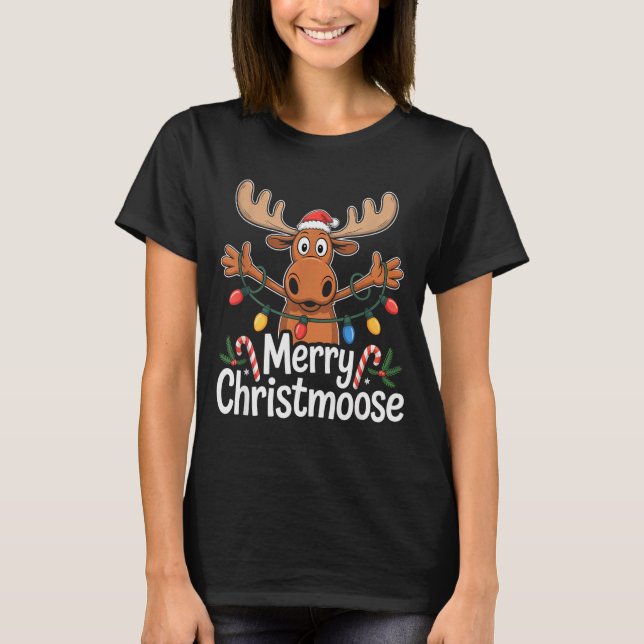 Camiseta Merry Christmoose Christmas Tree Lights Santa Hat  (Anverso)