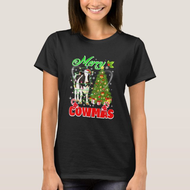 Camiseta Merry Cowmas Navidades Cute iluminan Santa Cow Far (Anverso)