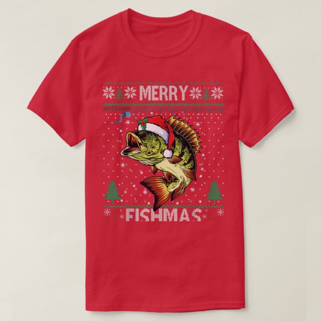 Camiseta Merry Fishmas Bass Fish Pescadores Navidades Ugly  (Diseño del anverso)