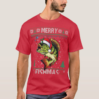 Camiseta Merry Fishmas Bass Fish Pescadores Navidades Ugly