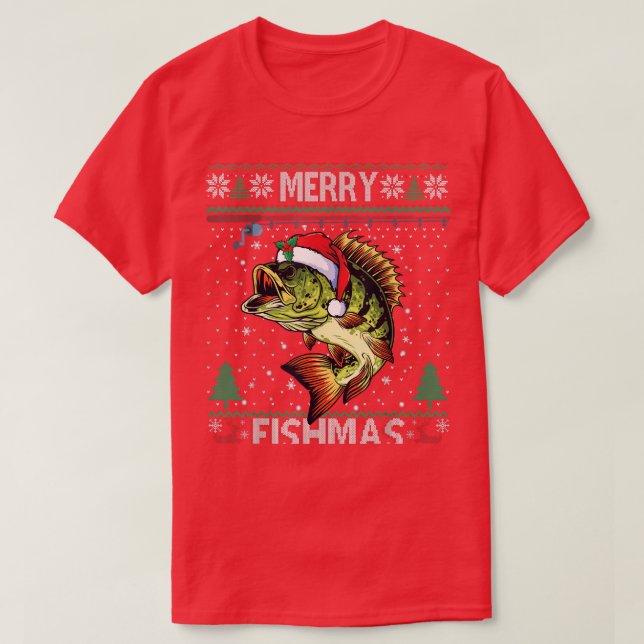 Camiseta Merry Fishmas Bass Fish Pescadores Navidades Ugly  (Diseño del anverso)