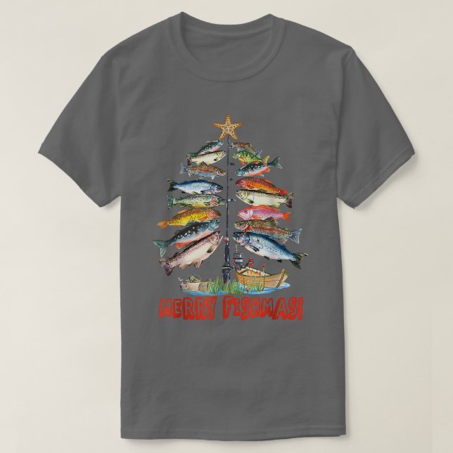 Camiseta Merry Fishmas Divertido Árbol de Navidad Ilumina F (Diseño del anverso)