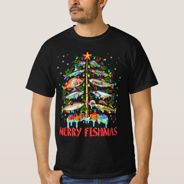 Camiseta Merry Fishmas Divertido Árbol de Navidad Luces Pes (Anverso)