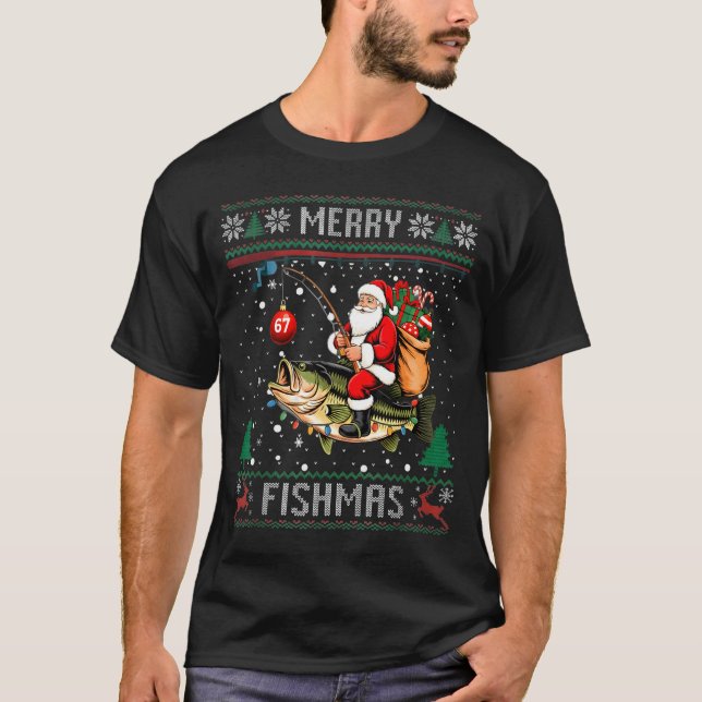 Camiseta Merry Fishmas Santa Riding B Fish Christmas Ugly S (Anverso)