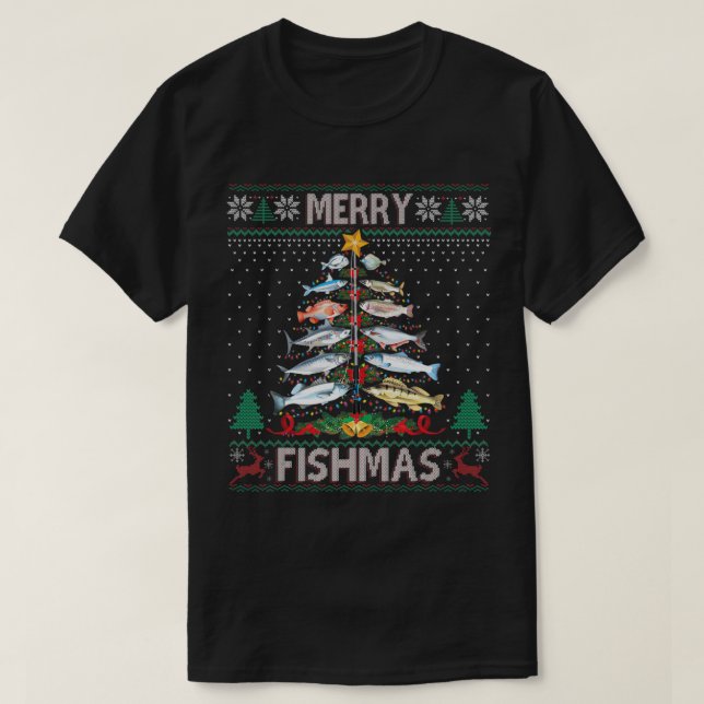 Camiseta Merry Fishmas Ugly Sweet Fish Pescador Rod Christ (Diseño del anverso)