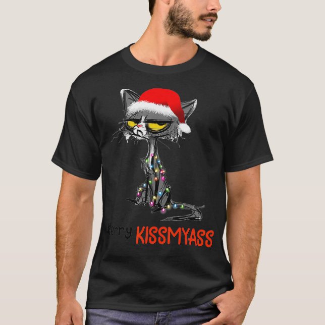 Camiseta Merry Kissmyass Navidades divertidos gato negro (Anverso)