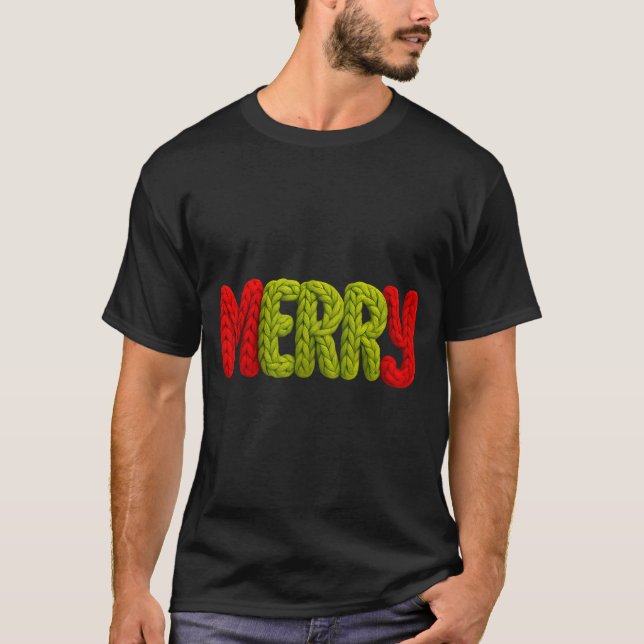 Camiseta Merry Knitted Letters Crochet Xmas Pajamas Holiday (Anverso)