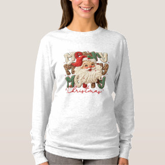 Camiseta Merry Merry Merry Christmas– Faux Embroidery Santa