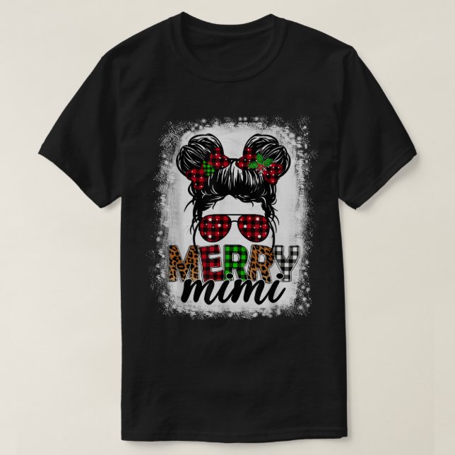 Camiseta Merry Mini Xmas Buffalo Plaid Leopard Messy Bun Bl (Diseño del anverso)