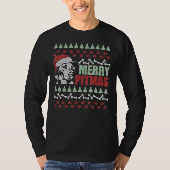 Camiseta Merry Pitmas Pitbull Dog Navidades feos y gracioso (Anverso)
