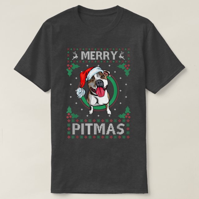 Camiseta Merry Pitmas Pitbull Santa Claus Perro Fea Navidad (Diseño del anverso)