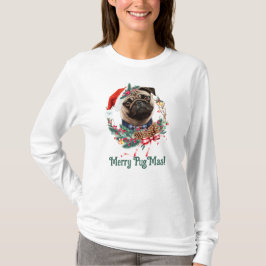 Camiseta Merry PugMas - Cute Pug con Sombrero Santa