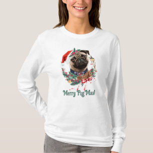Camiseta Merry PugMas - Cute Pug con Sombrero Santa
