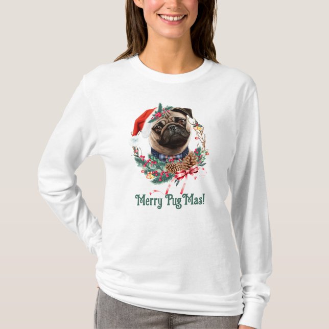 Camiseta Merry PugMas - Cute Pug con Sombrero Santa (Anverso)