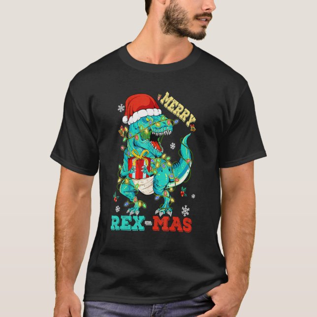 Camiseta Merry Rex Mas Dinosaur Santa Christmas Tree Light (Anverso)