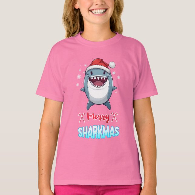 Camiseta Merry Sharkmas Cute Pet Lover Sea Santa Fish (Anverso)