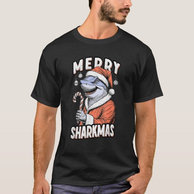 Camiseta Merry Sharkmas Funny Shark Santa Claus Candy Cane  (Anverso)
