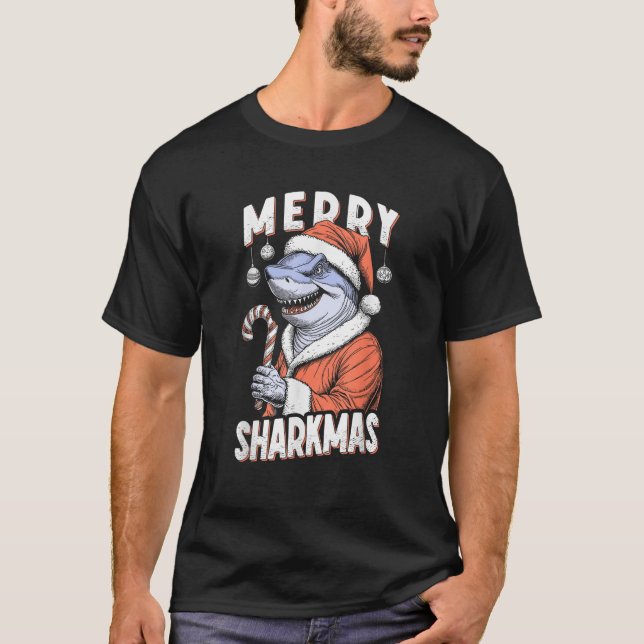Camiseta Merry Sharkmas Funny Shark Santa Claus Candy Cane  (Anverso)