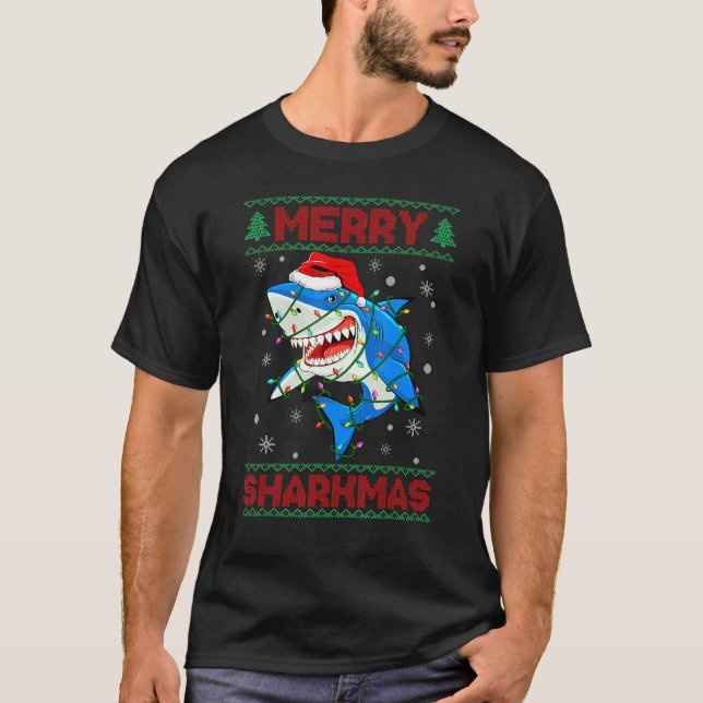 Camiseta Merry Sharkmas Shark Santa Ugly Christmas Lights B (Anverso)