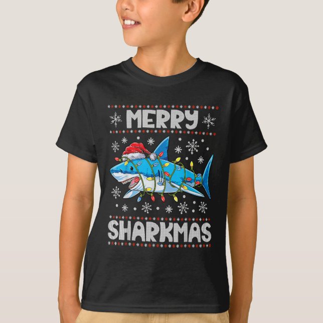 Camiseta Merry Sharkmas Tiburón Navidades Santa Ugly Luces  (Anverso)