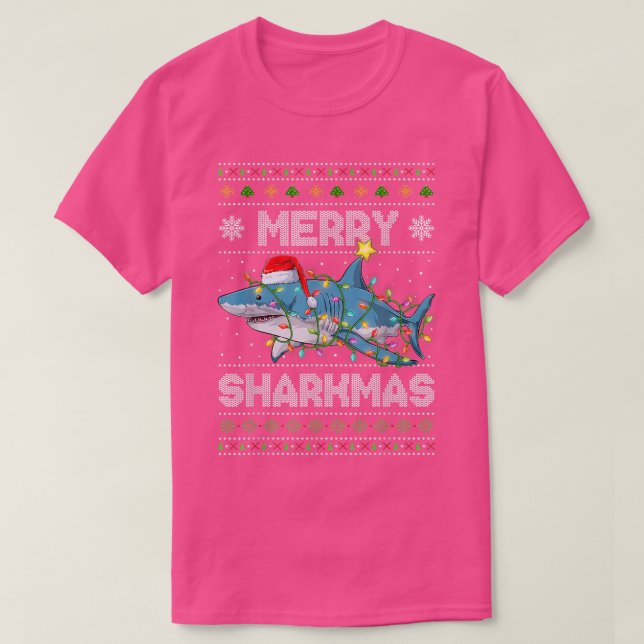 Camiseta Merry Sharkmas Tiburón Navidades Santa Ugly Luces  (Diseño del anverso)