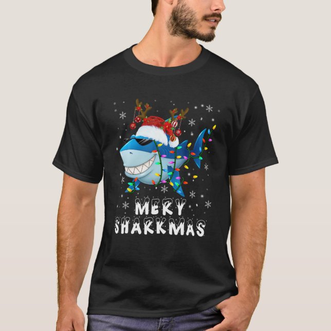 Camiseta Merry Sharkmas Xmas enciende Santa Reindeer Shark  (Anverso)