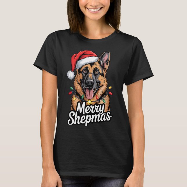 Camiseta Merry Shepmas German Shepherd Christmas Lights Hum (Anverso)