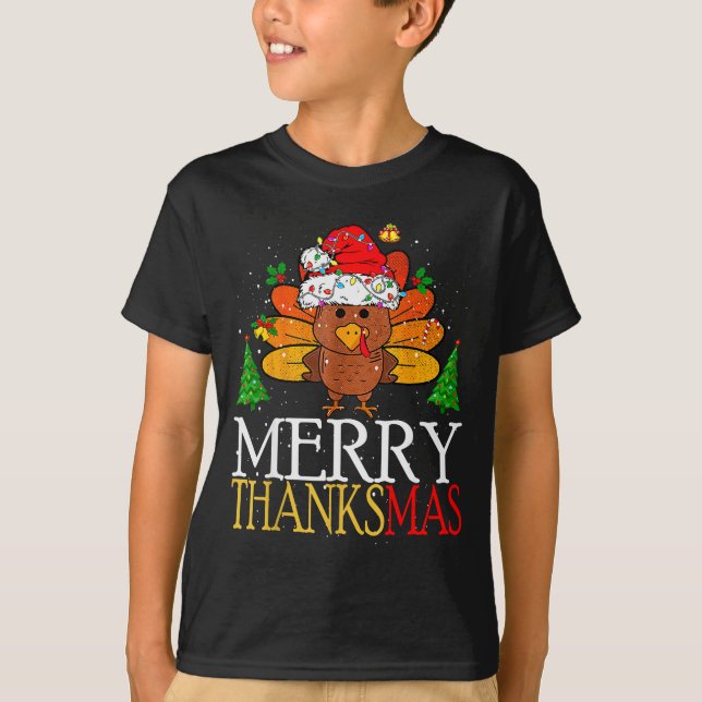 Camiseta Merry Thanksmas Happy Thanksgiving Santa Turkey  (Anverso)