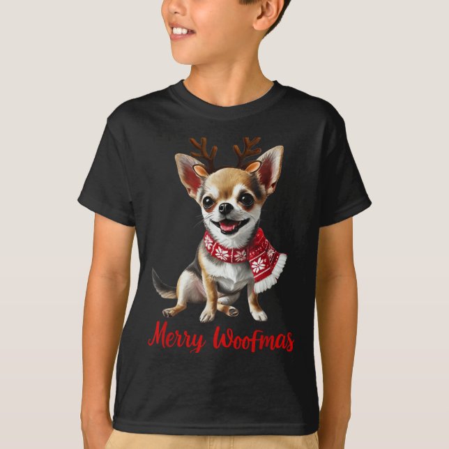 Camiseta Merry Woofmas Chihuahua Dog Meme In Reindeer Antle (Anverso)
