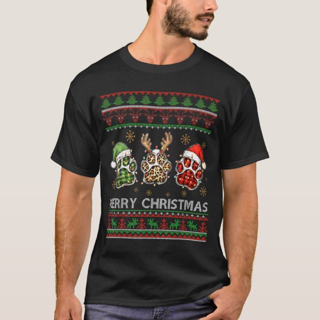 Camiseta Merry Woofmas Christmas Dog Paws Leopard Ugly Swea (Anverso)