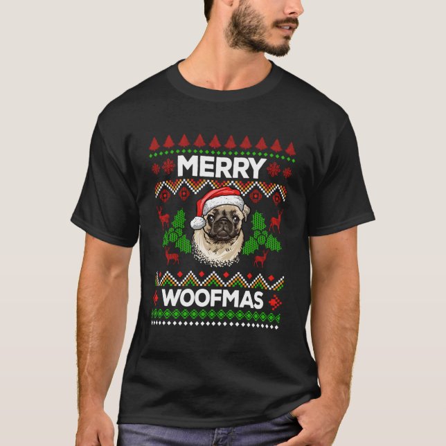 Camiseta Merry Woofmas Navidades suéteres feos Pug Lover Gi (Anverso)