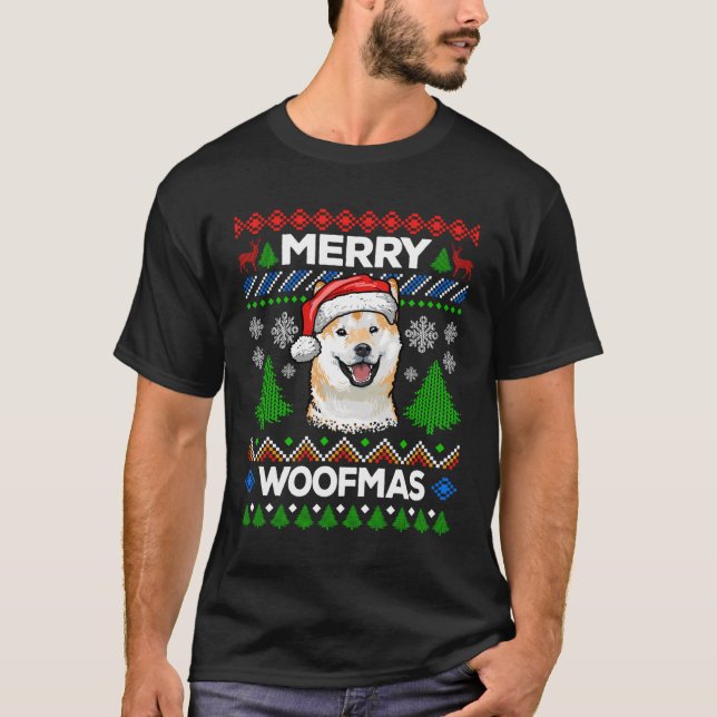 Camiseta Merry Woofmas Navidades suéteres feos Shiba Inu Lo (Anverso)