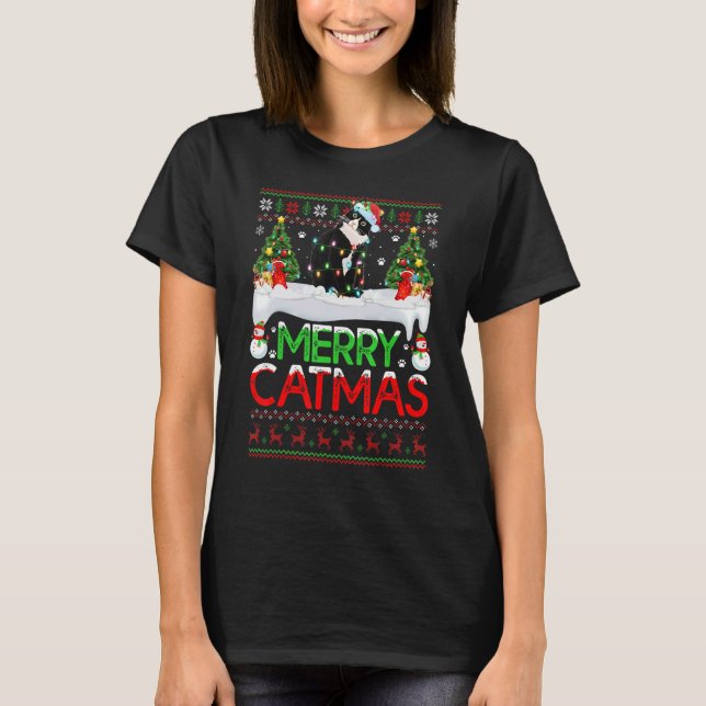 Camiseta Merry Xmas Tree Lights Santa Ugly Black Cat Christ (Anverso)