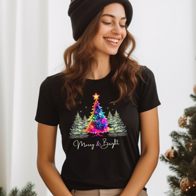 Camiseta Merry y Bright Neon brillante árbol de Navidad neg (Subido por el creador)