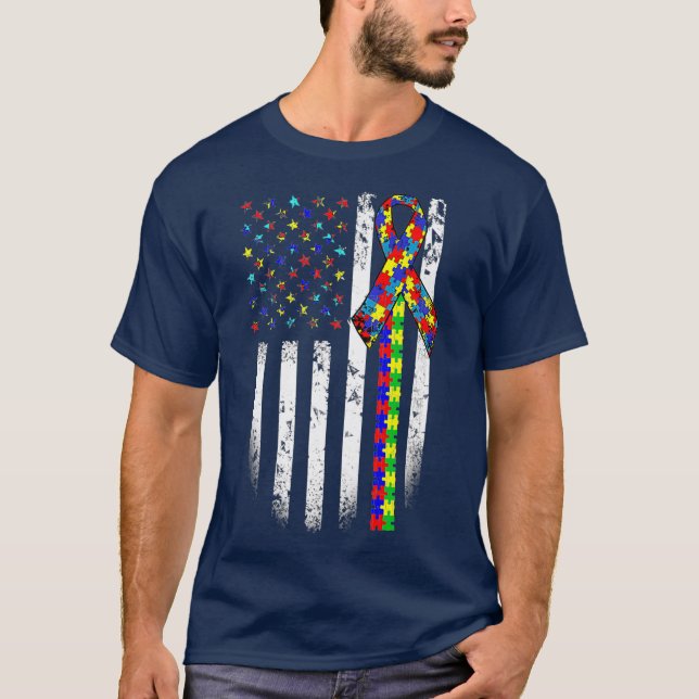 Camiseta Mes de conciencia del autismo Bandera estadouniden (Anverso)