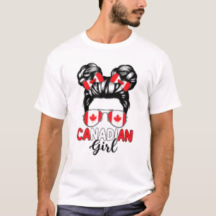Camiseta Messy Bun Chica canadiense Maple Leaf Canada Flag 