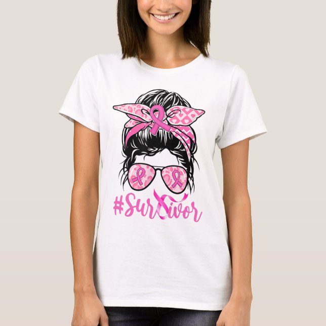 Camiseta Messy Bun Cinta rosada Leopardo Cáncer de Mama Gue (Anverso)