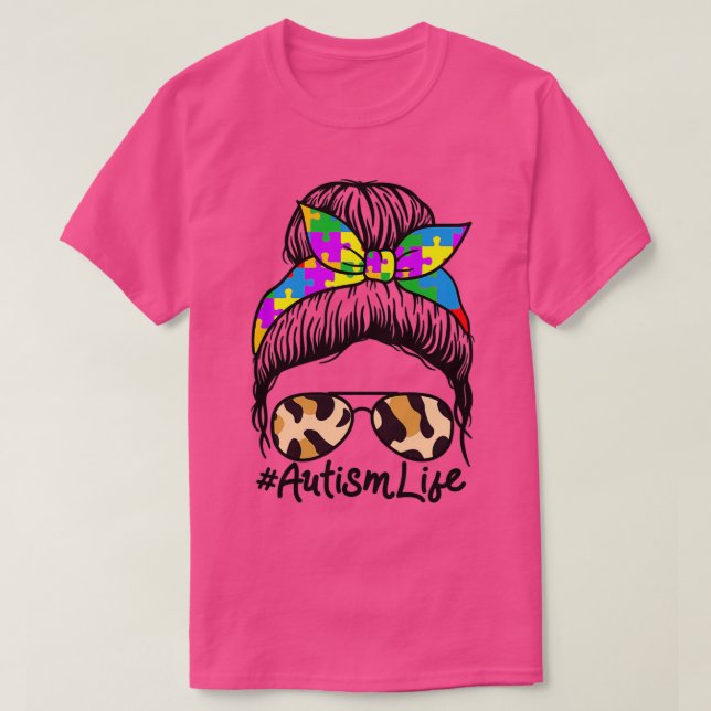 Camiseta Messy Bun Hair Gafas de sol Mujeres Leopardo Autis (Diseño del anverso)