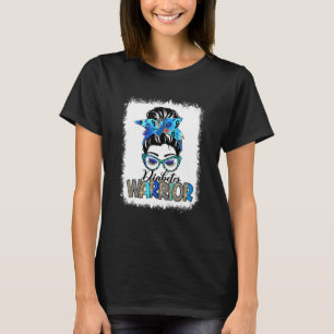 Camiseta Messy Bun Leopard Blue Ribbon Diabetes Warrior
