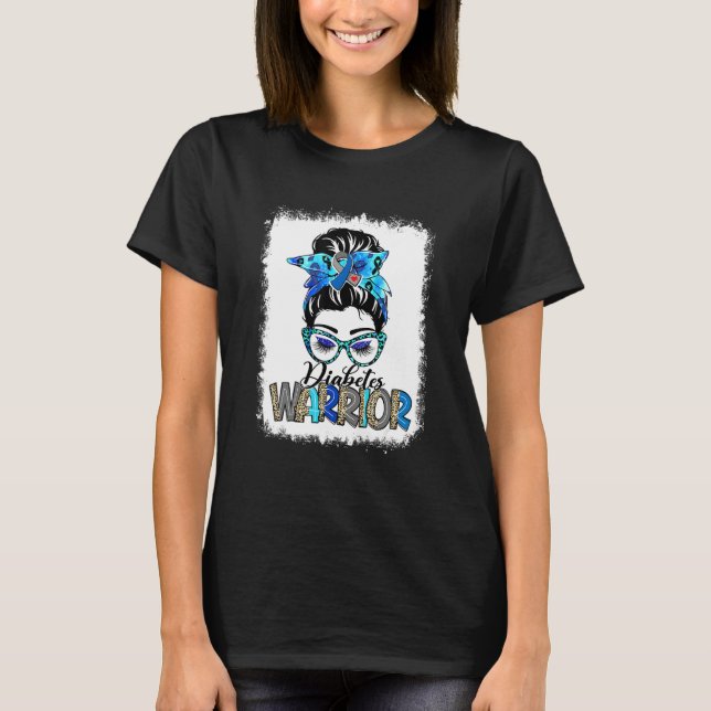 Camiseta Messy Bun Leopard Blue Ribbon Diabetes Warrior (Anverso)