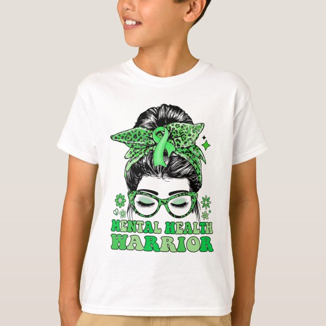 Camiseta Messy Bun Leopard Green Ribbon Mental Health Warri (Anverso)