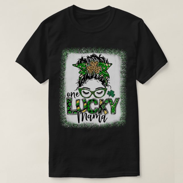 Camiseta Messy Bun Leopard St Patrick's Day One Lucky Mama (Diseño del anverso)