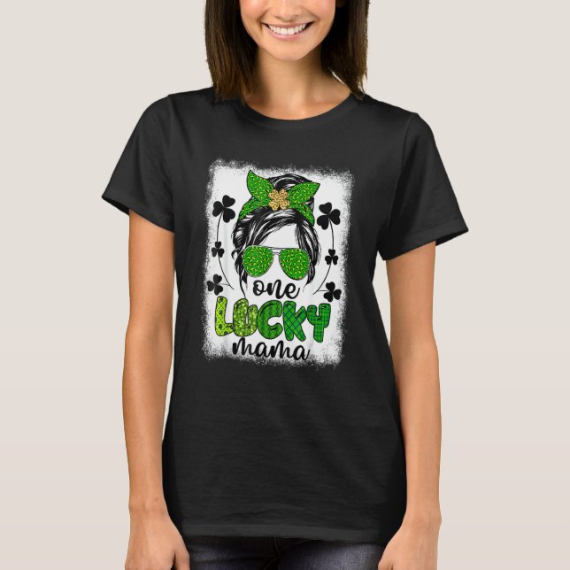 Camiseta Messy Bun Leopard St Patrick's Day One Lucky Mama (Anverso)