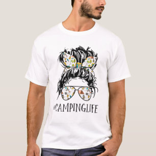 Camiseta Messy Bun Mom Glasses Camping Life Senderismo al a