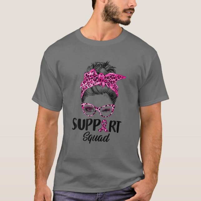 Camiseta Messy Bun Pink Leopard Support Squad Mama Cancer (Anverso)