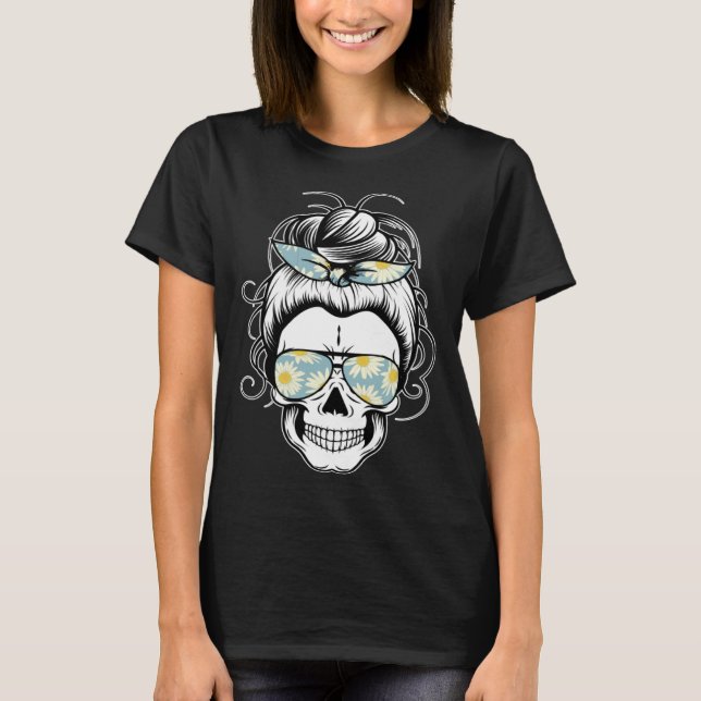 Camiseta Messy Bun Skull Shirt Women's Daisy Halloween Shir (Anverso)